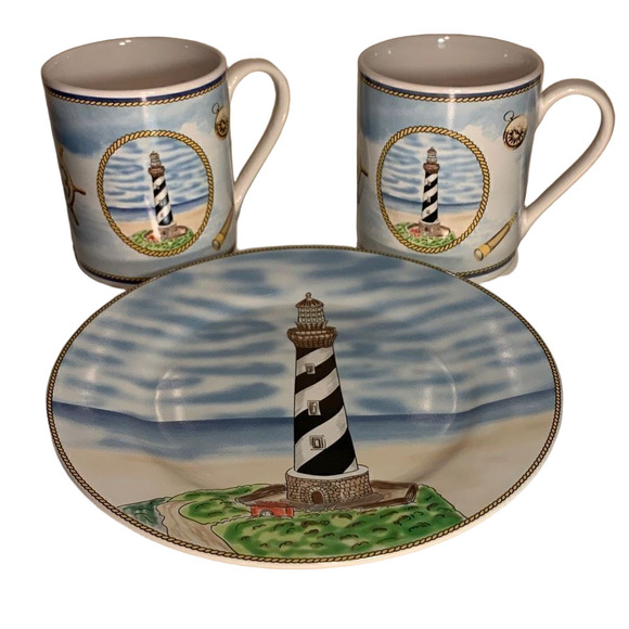 Royal Norfolk Other - Royal Norfolk Coffee Mug Cape Hatteras Light, NC Lighthouse 2 Mugs and 1 Dish
